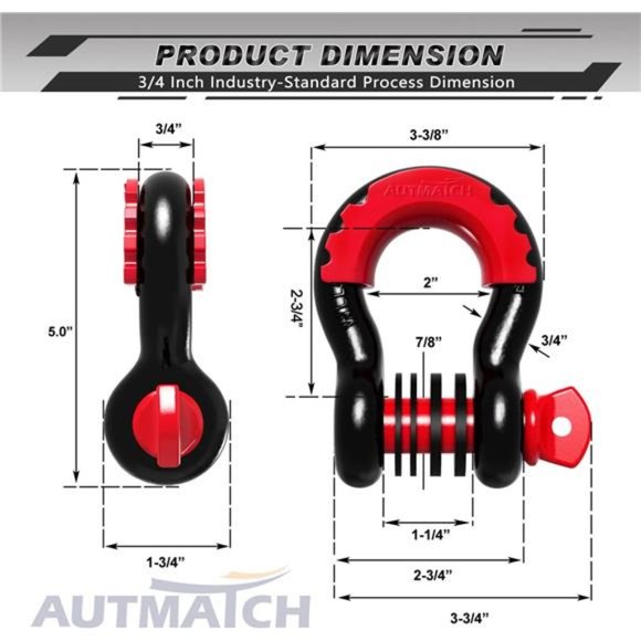 D Ring Shackle 3/4"Shackles (2 Pack) 41,887Ibs Break Strength with 7/8"Screw Pin - Picture 3 of 6